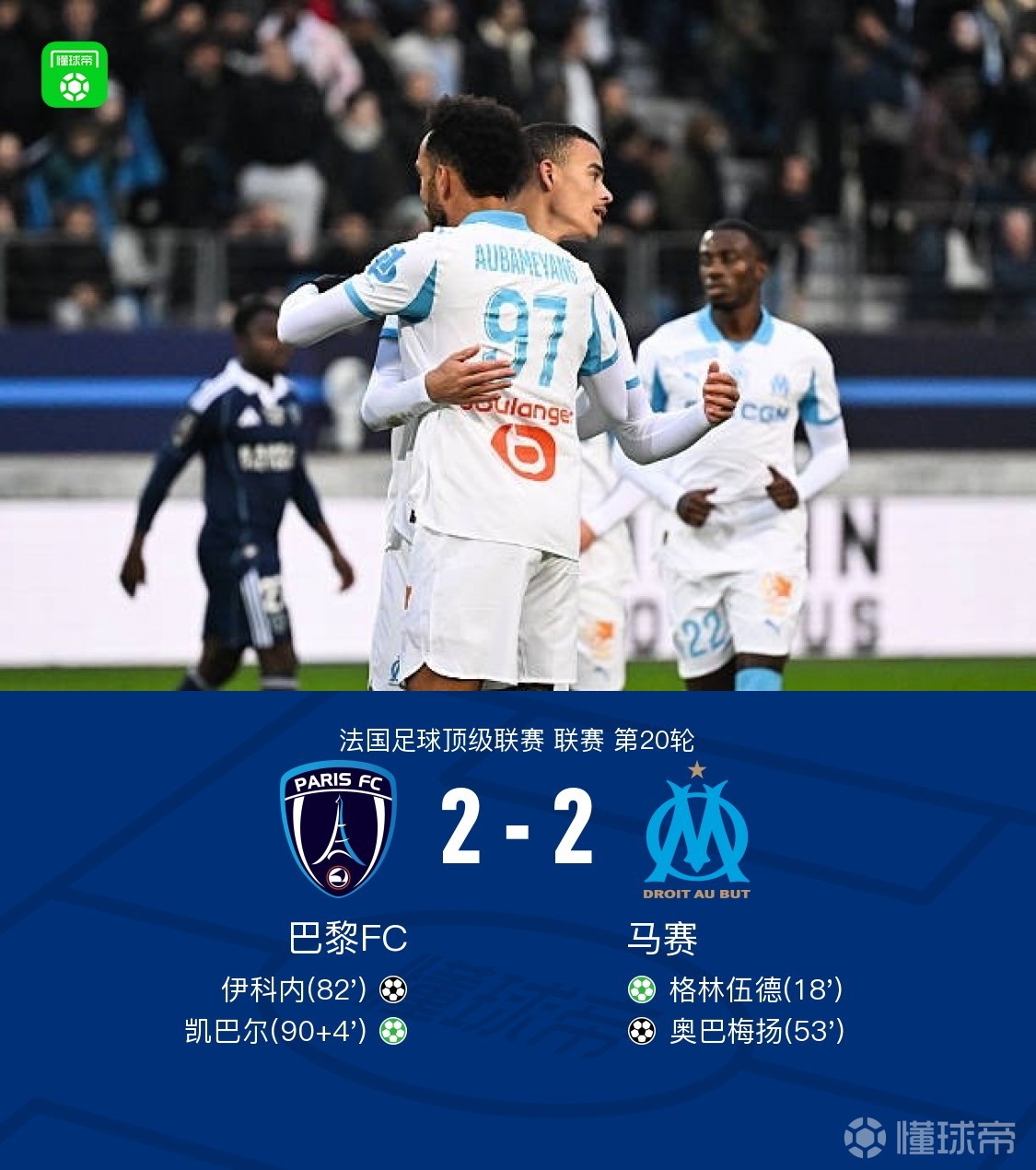 巴黎FC连追两球2-2马赛，凯巴尔点射绝平，格林伍德传射